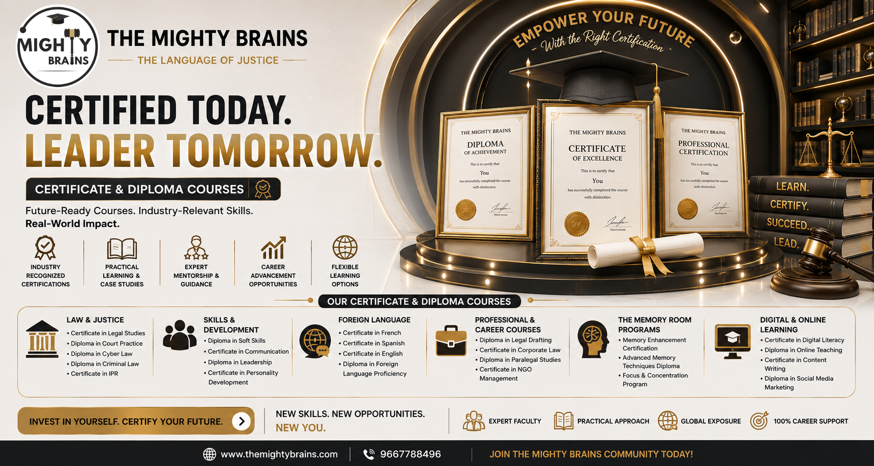 Mighty Brains Certificate and Diploma Courses banner featuring law, professional skills, foreign languages, career development and digital learning programmes.