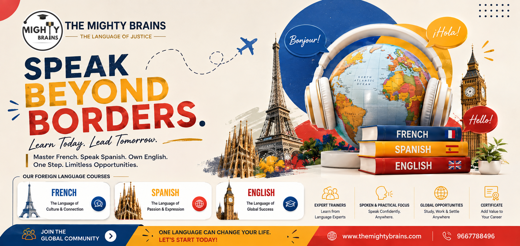 Mighty Brains foreign language courses banner featuring French, Spanish and English language learning, global opportunities and expert training.