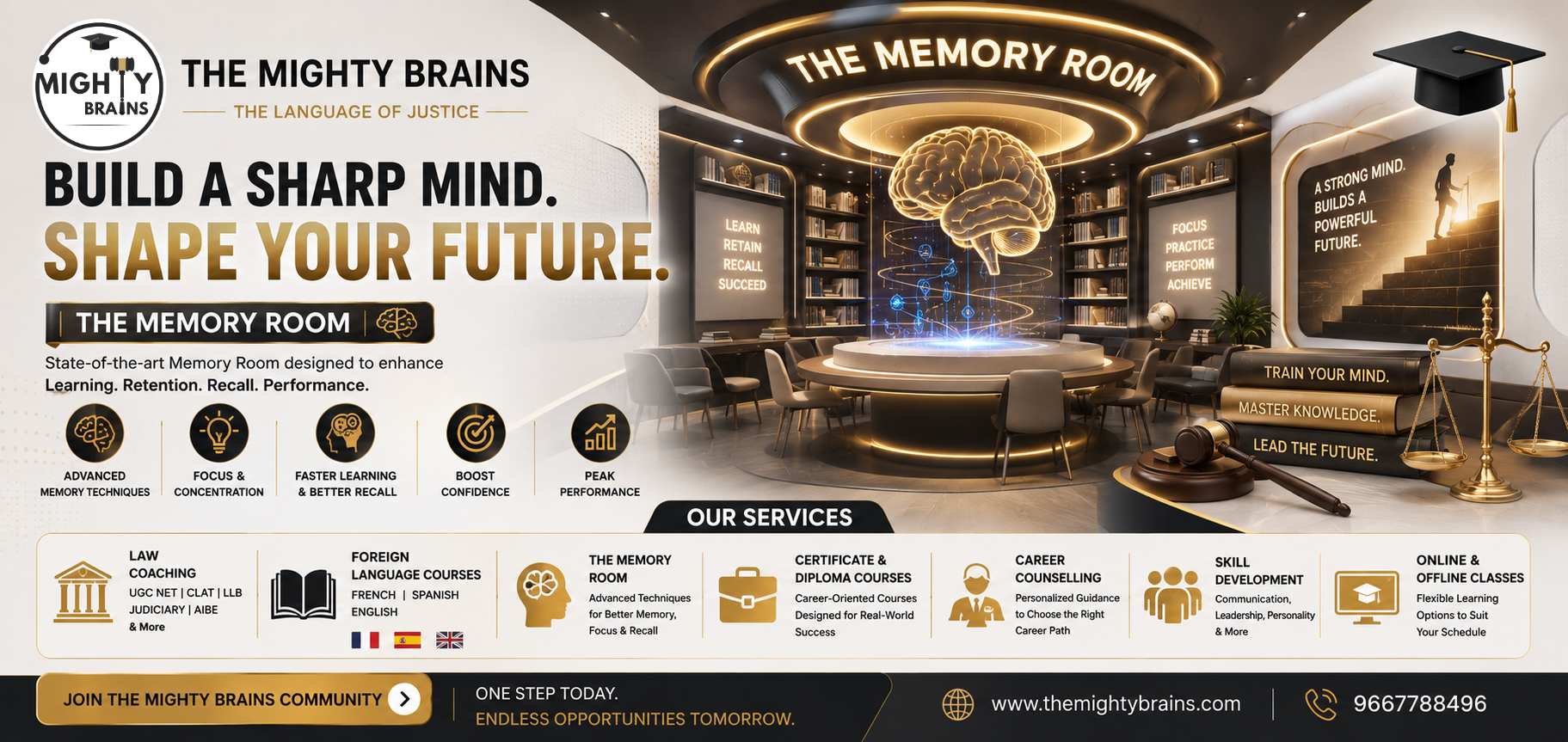 Mighty Brains Memory Room banner featuring advanced memory techniques, focus and concentration training, faster learning, better recall and performance development.