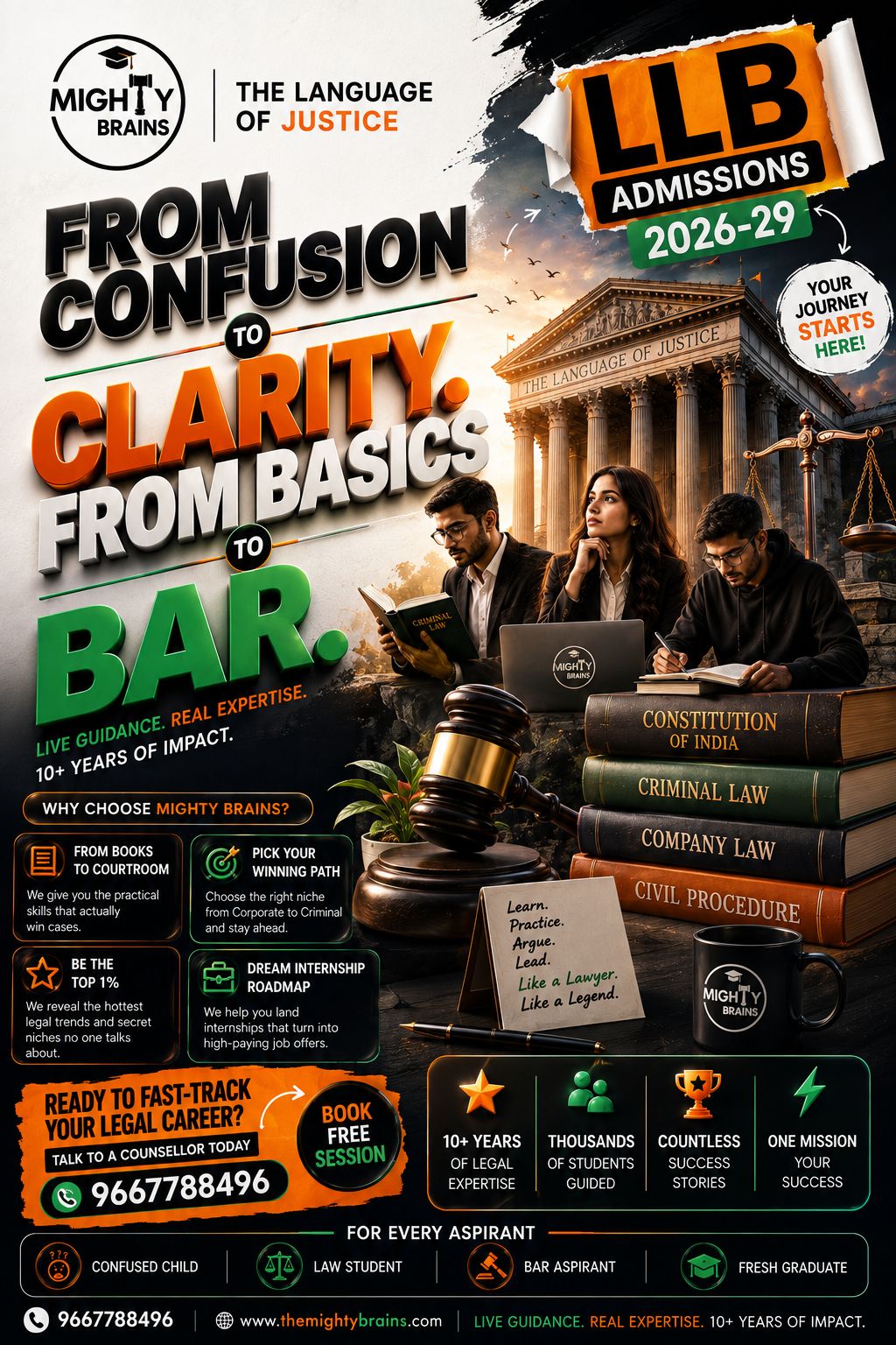 Mighty Brains LLB Admissions 2026–29 poster featuring law students, courthouse, legal books, gavel and legal career guidance